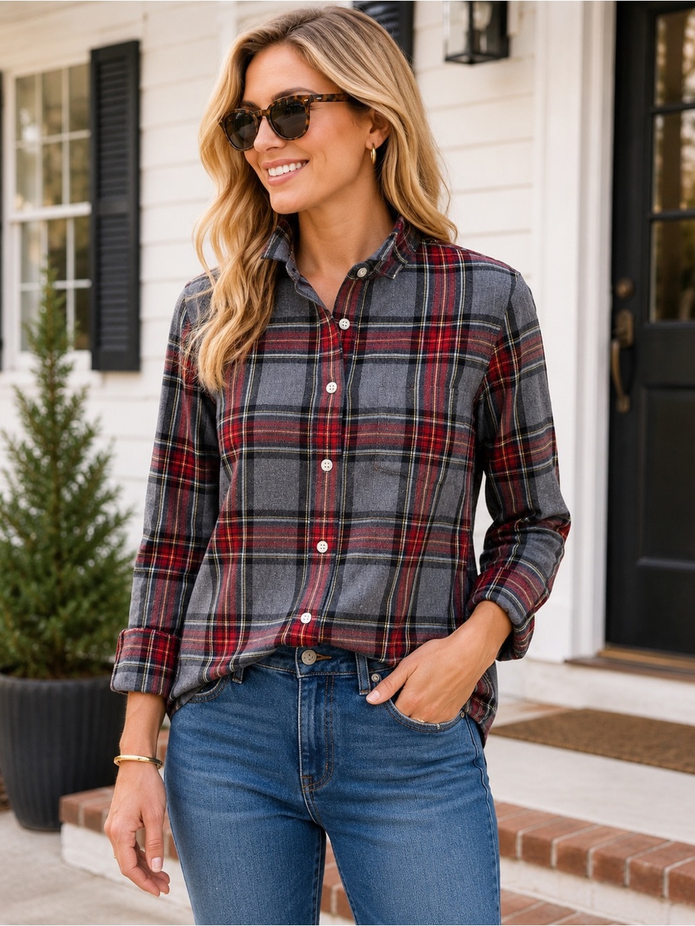 J.Crew Gray Red Tartan‎ Plaid Flannel Button Down Shirt Size Small Preppy Fall